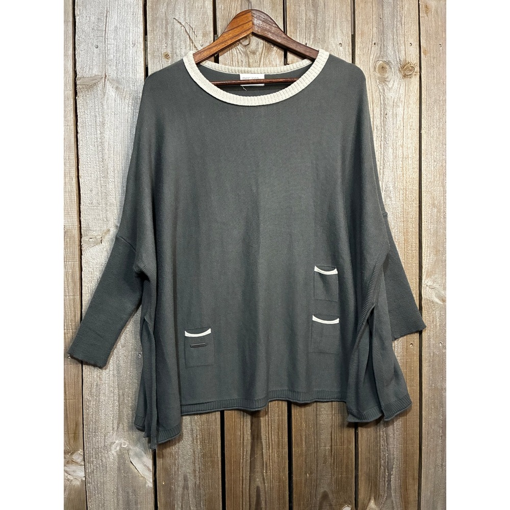 Mer-Sea & Co Womens Oversized Knit Sweater Gray Cream Trim Pockets One Size